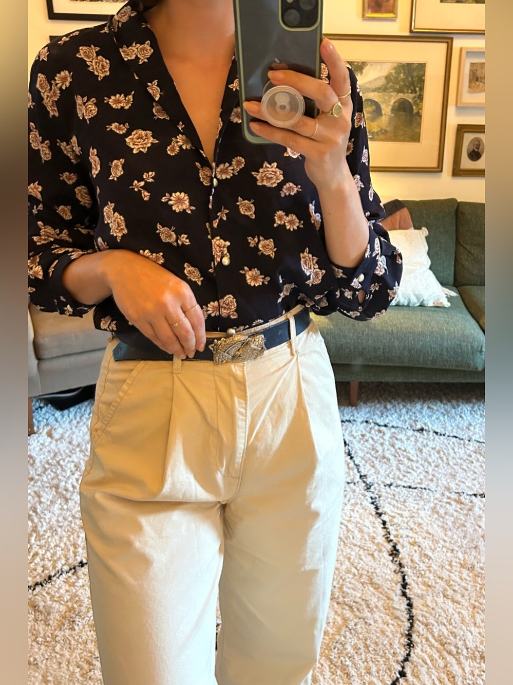 Navy floral blouse with pearl buttons